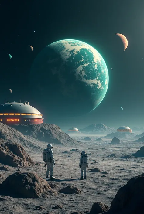 Here’s another unique perspective for your video:

"Create a hyper-realistic image from the surface of the Moon, looking toward Earth and Mars. In the foreground, lunar colonies with illuminated domes and landing pads are visible, with astronauts working n...