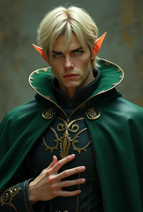 masterpiece, best quality, 1 person, aldult, Male focus, Solitary, Medium blonde hair, Vibrant green eyes, Looking at the audience, cape, High quality metal texture, Coat, Shut up, Bangs, High neck,(knowledge base:0.6), Fantasy Aesthetics, Very detailed, S...