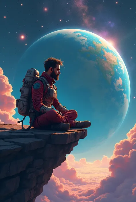 Cartoon man sitting on the ground looking at the earth, Space cowboy, cyber Space cowboy, Inspired by Josan Gonzalez, Shinkai Makoto ( Apex Legends ), Akira Art Style, ross trans style, Shake atmosphere, Akira Art Style, Floating next to a planet, josan go...