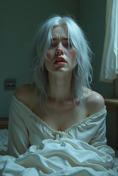 game character, woman, with silver hair, in a mental hospital, in tears