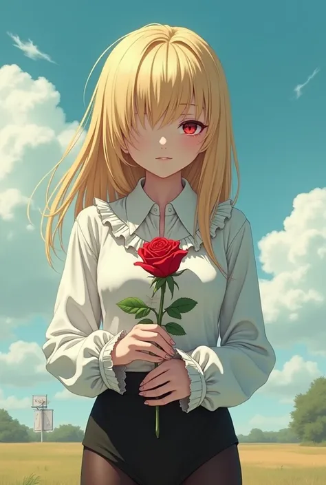 masterpiece, best quality,  absurd, Looking at the audience, Solitary, Rita Rossweisse (Summer Nights Dream), Rita Rossweisse, shirt, Pantyhose, Red rose, [Red Eyes, Blonde Hair, Long sleeve, Moles under the eyes, Hair covering one eye,  frilled shirt, whi...