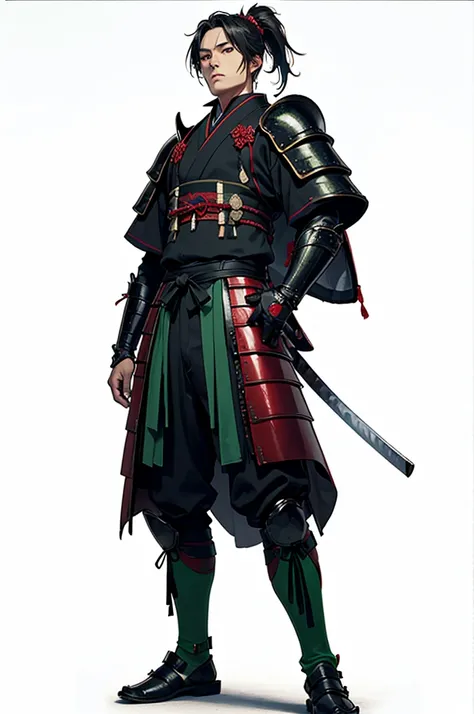 samurai armor , (samurai hip armor), masterpiece picture, sharp picture, high definition picture, anime semi-realism, (black armor), ((dark red and green detail on suit)), ((male))