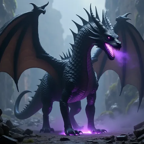 
A huge, black dragon that walks on four legs. It has two large wings and two horns growing from its head. It has sharp fangs in its mouth and a long tail. It breathes purple light from its mouth.