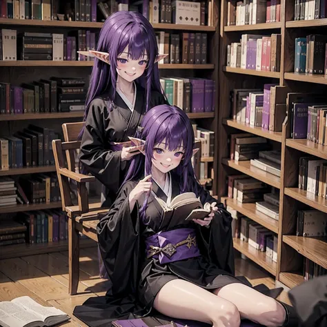 Midnight, dark. A dark picture. Purple hair. A girl with long purple hair. Elf ears. Her clothes are simple: a black robe with wide sleeves and a black miniskirt. Her knees stick out. V-shaped white inserts on the front like a kimono. Black boots. She is s...