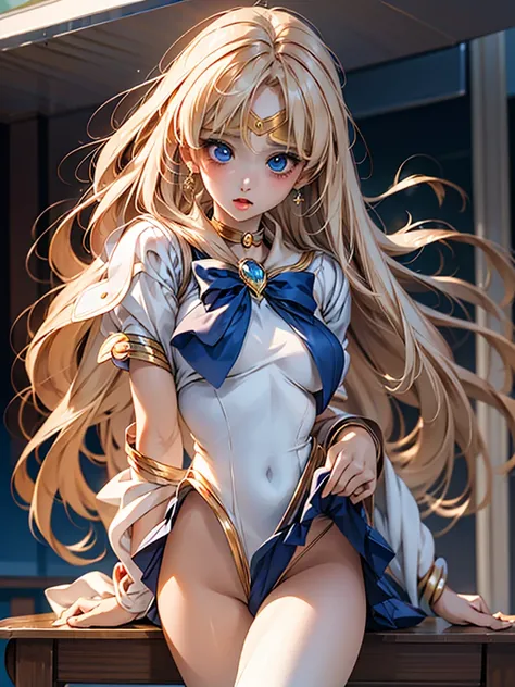 Stable divergence style, Create captivating and fascinating artwork "Sailor Moon", Iconic characters appear in dynamic poses. Highlighting a unique white blonde hairstyle, Bright costumes, And expressive eyes. Surround with a celestial background, capturin...