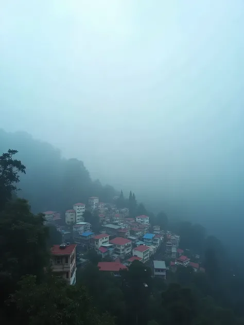 Capture a breathtaking cityscape of Nainital town on a misty, rainy day. The image should showcase the town enveloped in a dense blanket of fog, with the buildings and streets only faintly discernible through the soft mist, lending a dreamlike and ethereal...