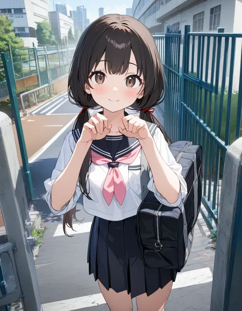 High resolution, 8k, best quality, masterpiece, ultra detailed, anatomically correct, anime, gaming color 1girl, standing in school, (cute hand pose:1.2), very long low twintails with red ribbon, very long low pigtails, black hair, dark brown eye, looking ...