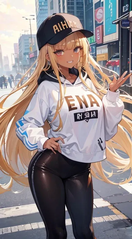 (8K、Top image quality、top-quality、​masterpiece)、A detailed face、1 girl in、Blonde longhair、blunt bangs、Golden eyes、piercings、((Brown skin))、((skin tanned))、Grinning、very Bigger breasts、Black Baseball Cap、white hoodie、Black leggings、long trousers、cowboy  sho...