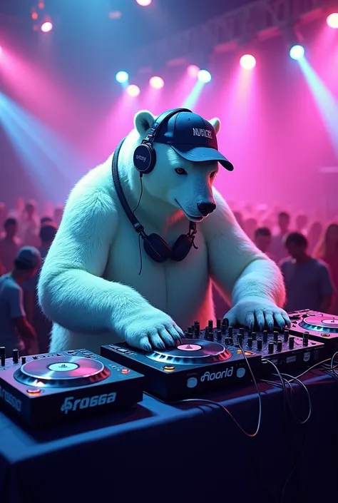 Polar bear dj in cap 

