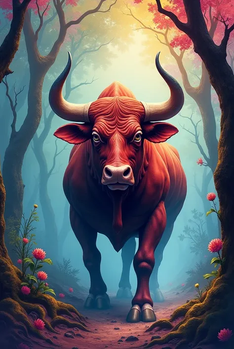 Colorful bull with watercolors in forest psychotic