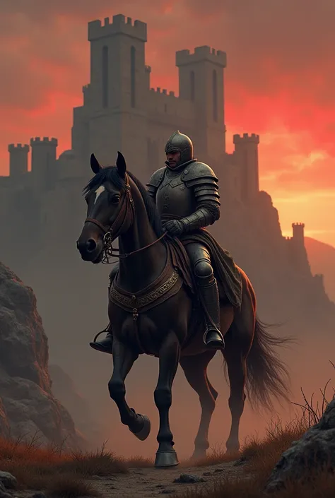 Image of a knight riding a horse in front of a medieval castle as if it were a 1980s dark fantasy style movie 