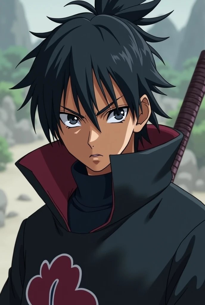 Young male ninja, with black eyes, ponytail hair, Cao Cao, serious look, brown-skinned complexion, Bblack hair, アニメ, akatsuki attire