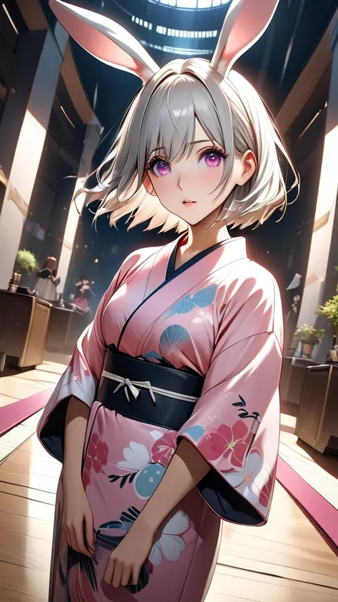 anime、((Amazingly absurd)),(masterpiece:1.2),超High resolution, Attention to detail, high quality, High resolution, 最high quality, 4K, 8k,short hair、Silver Hair,20-year-old beauty,Pink kimono,Medium Hair,  Pink eyes,Pink rabbit ears,The World of Makoto Shin...