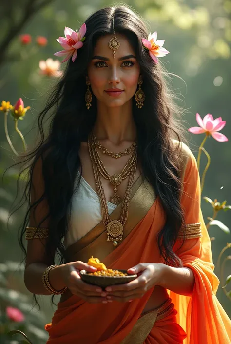 (photorealism:1.2), Parvati Devi, a central figure in Hindu mythology, is often depicted as a graceful and divine woman, radiating beauty and serenity. She is typically portrayed with a calm and compassionate expression, symbolizing her nurturing and mothe...