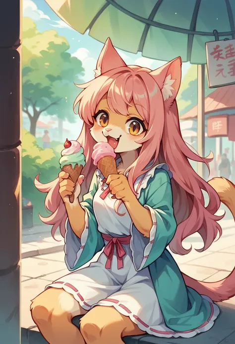 amusement park,A Japanese girl,Pink long hair shawl,furry cat ears,Furry cat tail,Wearing a dress,Handmade ice cream,Happy eating ice cream,