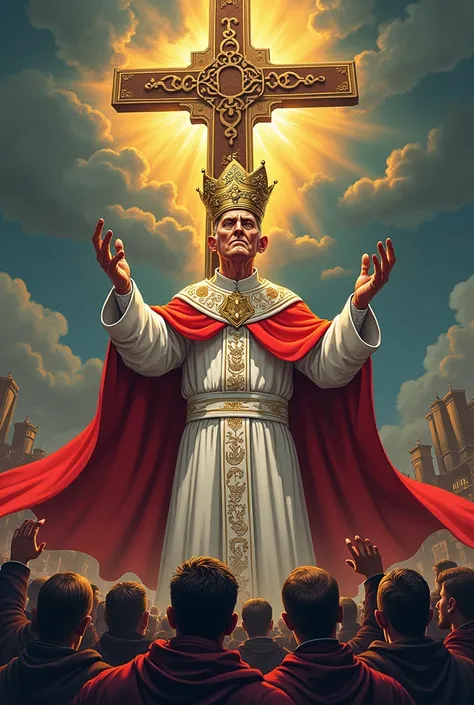 Cartoon A Pope with a crown stands over a crowd. Behind him, The cross is mixed with pagan symbols. the church, that was previously persecuted, Now he persecutes the faithful.