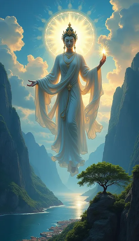 Namo Bodhisattva Bodhisattva Avalokiteśvara reaches out to save the suffering people mountains, sea, neon, white lotus, halo, buddha tree