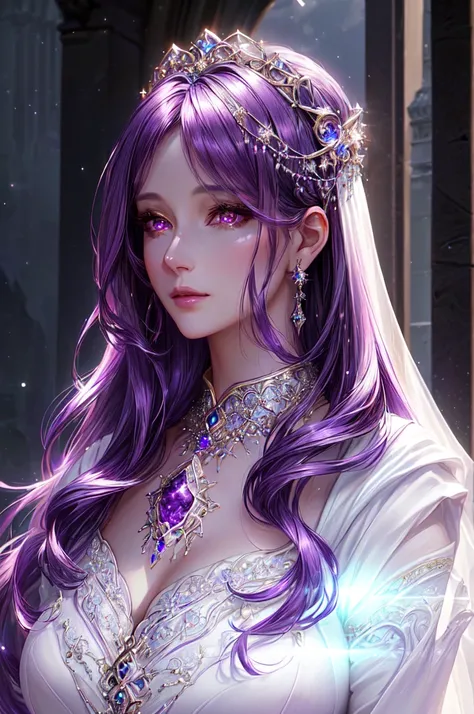 a mature woman (30+years old), purple hair, celestial skin, white dress, detailed face, beautiful glowing eyes, delicate lips, graceful pose, intricate jewelry, ethereal atmosphere, dramatic lighting, fantasy landscape, dreamlike, cinematic, highly detaile...