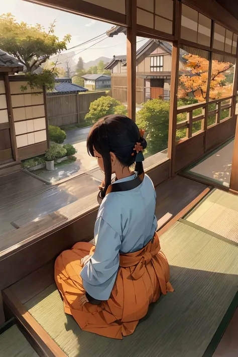 A back view of an elderly Japanese grandmother sitting on the veranda of a Japanese house looking outside.。Dress code: long sleeves and long trousers、The back is rounded。Freshly brewed tea is placed nearby.、The cat is sleeping nearby。Beyond the veranda, th...