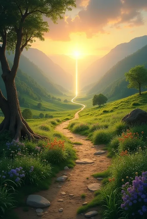 A winding path through a valley, with a bright light at the end, symbolizing trust in God&#39;s guidance.