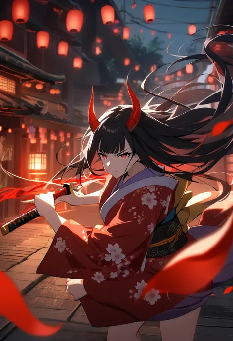 1girl, black hair, long flowing hair, sharp bangs, horns, demon girl, serious expression,holding glowing red katana, red dragon ...