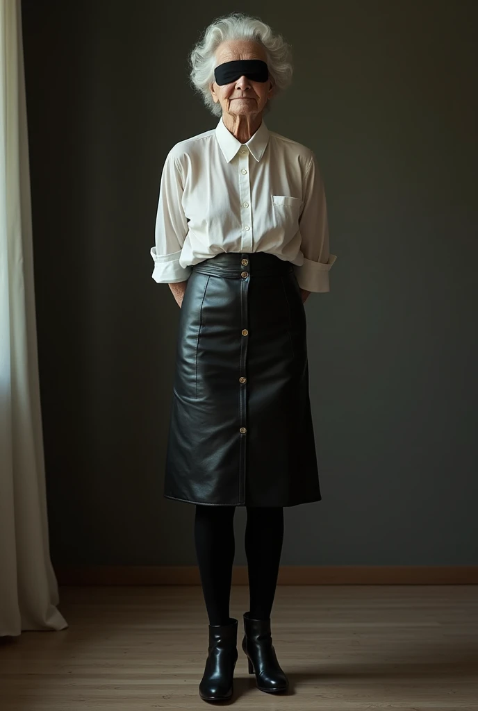 Vieille grand mère debout dans la chambre, mains dans le dos et les yeux bandés.
Elle est habillé dune chemise blanche transparente, une jupe moulante au dessus des genoux en cuir noir boutonnée devant et des longues bottes en cuir noir à talons hauts.
Pho...