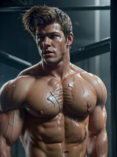 Close-up photo of a naked, splattered Luke Hemsworth as Piers Nivans from Resident Evil 6. The modern muscle soldier. The whole face is splattered and covered in many places with large drops of sperm, it flows out of the mouth. , dripping from his face. He...