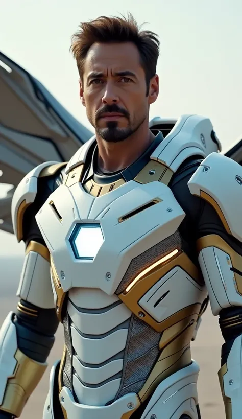 The image depicts a character resembling Iron Man, portrayed by Robert Downey Jr., wearing an advanced suit of armor. The armor appears sleek and primarily white, accented with gold and glowing elements, particularly at the chest. The suit also features me...