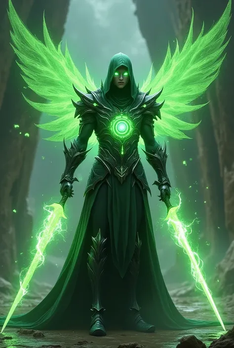 Male slim build glowing green eyes glowing green energy circle in chest armor chestplate dark green wings two glowing energy swords 