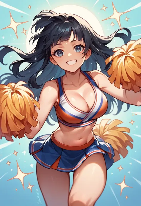 solo, Long Hair, Black Hair, Large Breasts, High resolution, Sparkle Effect, Cheerleader,Uplifting,Bouncing,smile,Raise your hands,sun,Pop Background,Cleavage,Abdominal protrusion,mini skirt