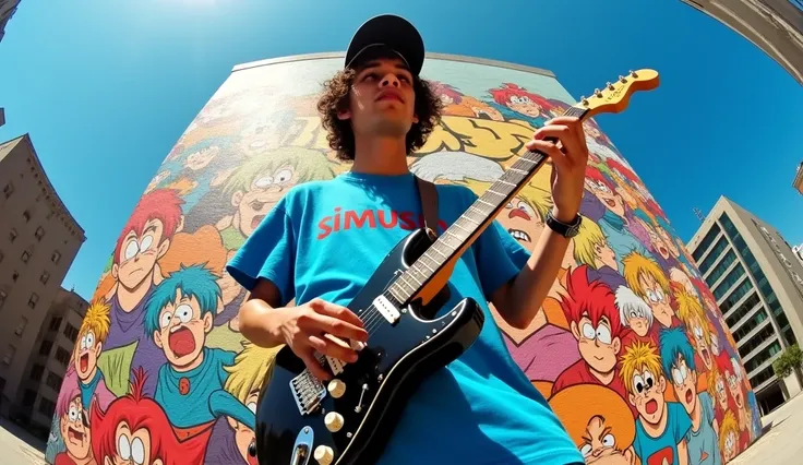 a young male musician who performed on stage with great energy. He was wearing a blue T-shirt that read "SiMus", a baseball cap that gave the impression of a unique and bold style. He is seen holding an electric guitar and playing it vigorously, and his fa...