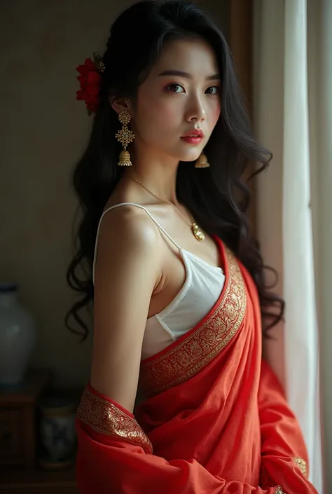 Japanese lady, red saree, spaghetti type white blouse, very deep cleavage 