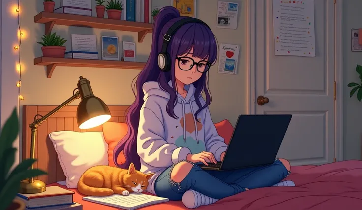 An anime-style illustration of a cozy, warmly lit room with soft ambient lighting. The scene features a young Asian girl with long, wavy purple hair cascading down her back, wearing round glasses. She has a quirky, modern fashion sense: an oversized, paste...