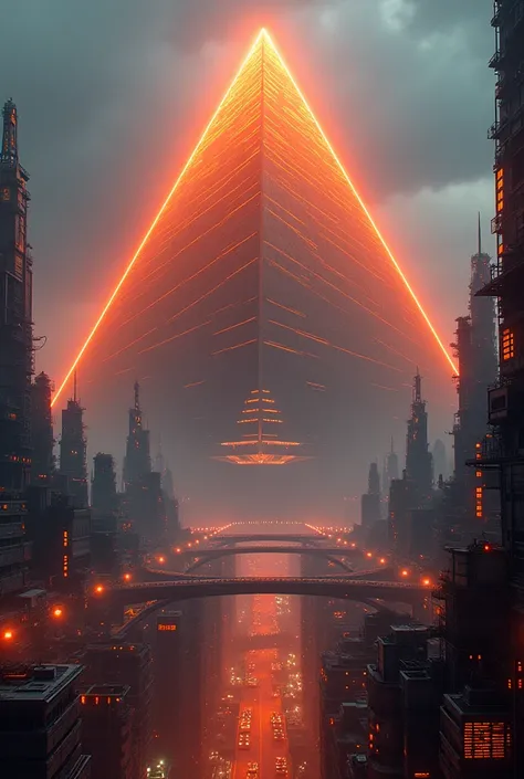 Neon massive pyramid in cyberpunk city, make all neon have orange color,make all building is cyberpunk 