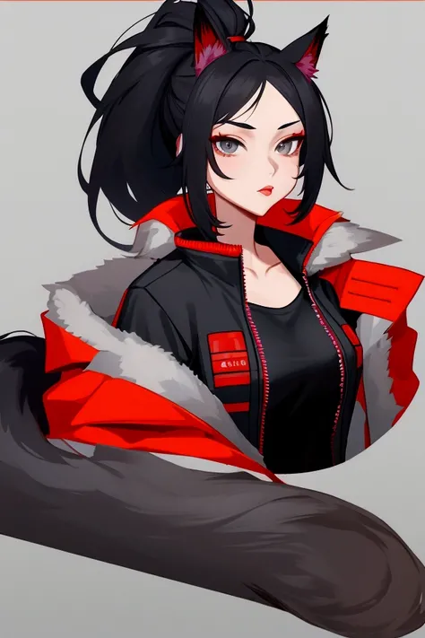 Anthro female fox with black hair tied back in a ponytail and grey eyes wearing a red unzipped medical jacket, black t-shirt and long black tactical pants. Fox ears, fox tail