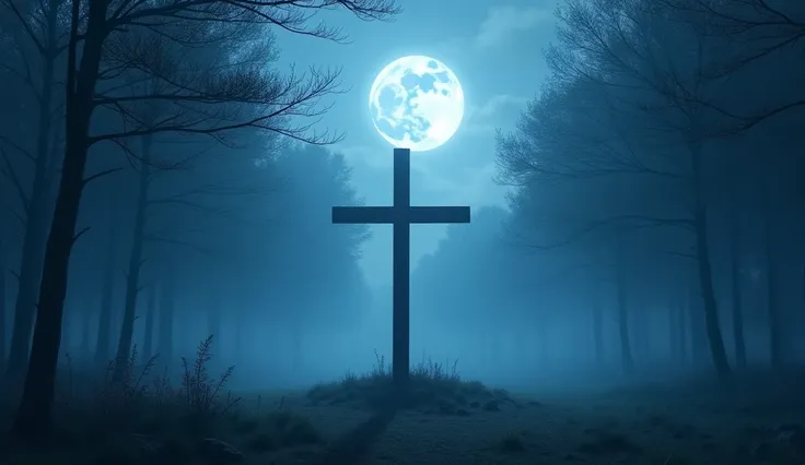 Full moon night in forest with jesus cross, and blue fogg 