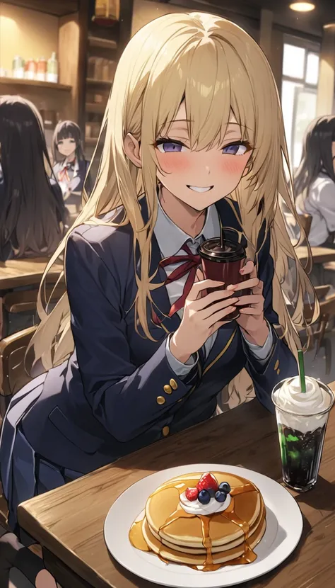 Two Women、Sisters、beautiful girl、Cafe、Sit on a chair、Cafeオレを両手で持つ、Drink through a straw、Pancakes on the table、high school girl、Cafeテリア、目を閉じてsmile、smile、Blazer uniform、Pleated skirt、Black knee-high socks、Long Hair、Highest quality、Ultra HD、Black Hair、There a...