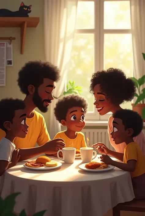 A realistic picture of a dark skinned family enjoying breakfast 