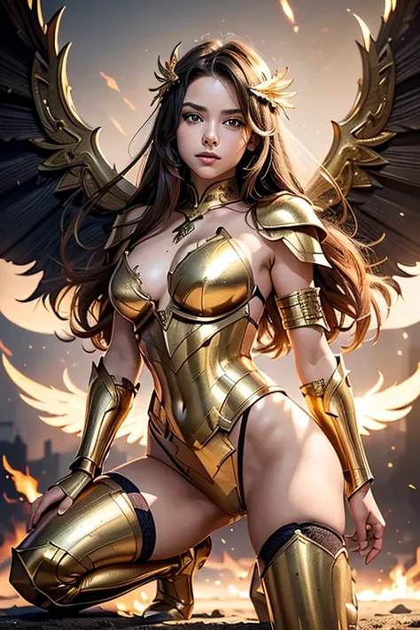 (masterpiece), (Highest quality), (1 girl), (最高masterpiece)，Girl in golden armor, Cool pose, Battlefield Background, Flame Background, Winged Armor，Goddess of War，Messy Hair, A chest is visible through the broken armor., Tattered clothes,Get down on one kn...