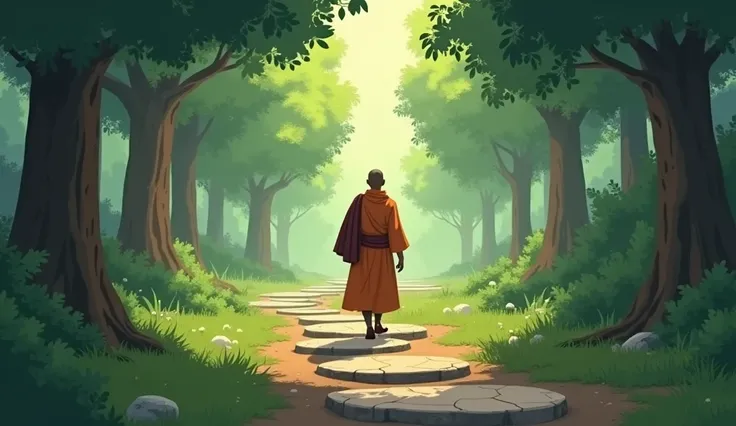 Path of Small Acts: "Animate a monk walking a peaceful, forested path with stepping stones. Each stone represents a small, honest action, such as helping a neighbor or speaking truthfully. As the monk steps on each stone, it transforms into a scene from mo...