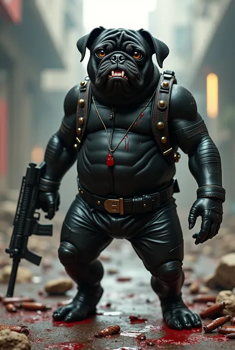 Human Pug in Latex and Leather with Weapons Bloody


