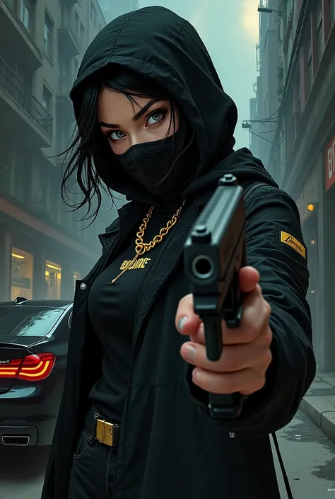 Girl with balaclava mask on face,hold gun in the hand,gold chain,angarage text on chain,in background black bmw 7 series,dark city,manga,anime