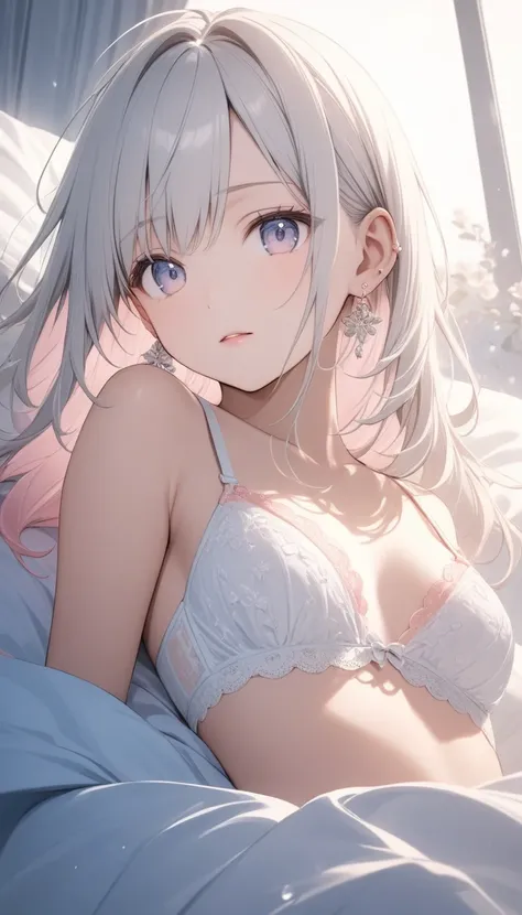 One,Cute  girl,((Simple earrings))、((White hair color、Pale pink inner color hairstyle、Straight hair type), （Light-coloured bra and panties with delicate embroidery)、Beautiful Hair, Facial Contour, Remember、illumination、splash, Lens Flare,Natural Color, Hig...