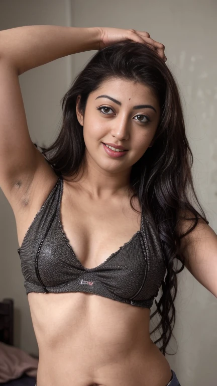 extreme close up photo of sexy young pranitha, night time,navel , seductive eyes, look at viewer and subtle smile, red glossy lips, seducing in bedroom, (crop top), sultry, (raw photo:1.3), intricate details, (ArtStation:1.2), ((selfie point of view)),(( l...