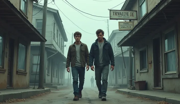 Two men (Ethan and Thomas), brothers in their late 20s to early 30s, walking down a deserted street in a small coastal town. The street is lined with old, faded signs, and the buildings are gray and weathered. The scene is shrouded in a light mist. In the ...