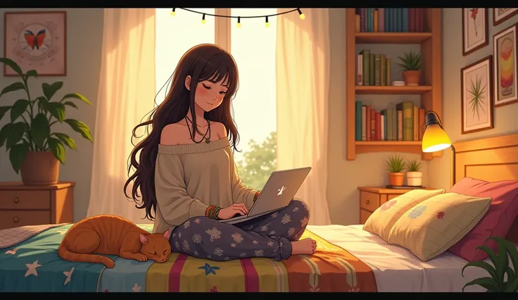 An anime-style illustration of a cozy, warmly lit room with soft ambient lighting. The scene features a young Asian girl with long, wavy dark brown hair loosely flowing down her back. She is dressed in a relaxed bohemian style: a loose, off-shoulder beige ...