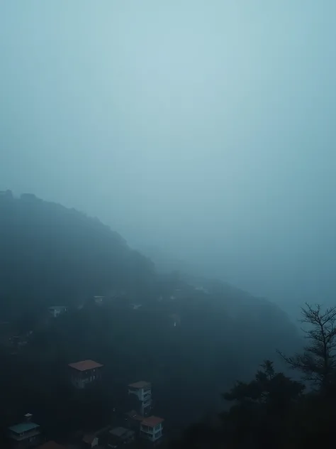 Document Nainital in thick twilight fog. Focus on the mysterious, serene ambiance with faintly visible buildings. Use aperture f/4, shutter speed 1/125s, and ISO 1600. Shoot in 4K Ultra HD.