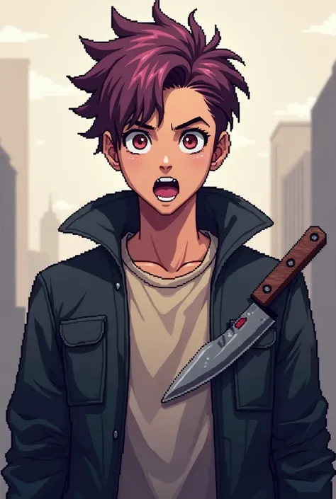 Open mouth pointing, as if explaining something.
Knife in the same pixel style as a retro video game