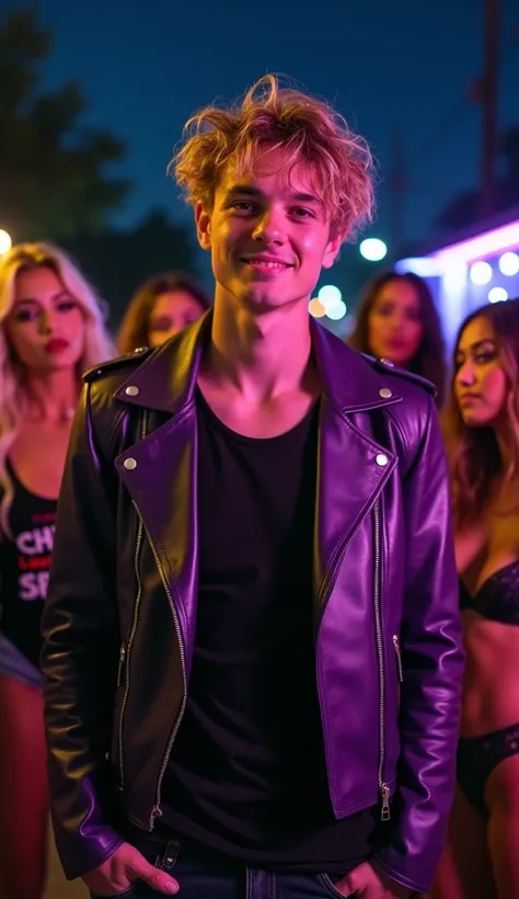 ass pov, 1 thin male, weisser teen boy rockstar 20 jahre alt with withtellangen dunkelblonden lockigen haaren with dunklem Ansatz, who is shaved and wears no jewelry, purple leather jacket and black shirt, smiles, stands on the stage and looks at the crowd...