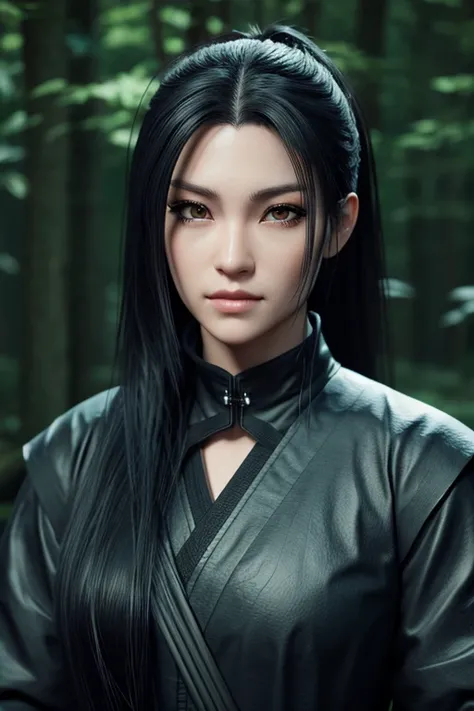 a beautiful detailed female ninja with long black hair, piercing eyes, and detailed facial features, wearing a black ninja suit, holding a katana sword, standing in a night forest with a full moon, highly detailed 3D render, photorealistic